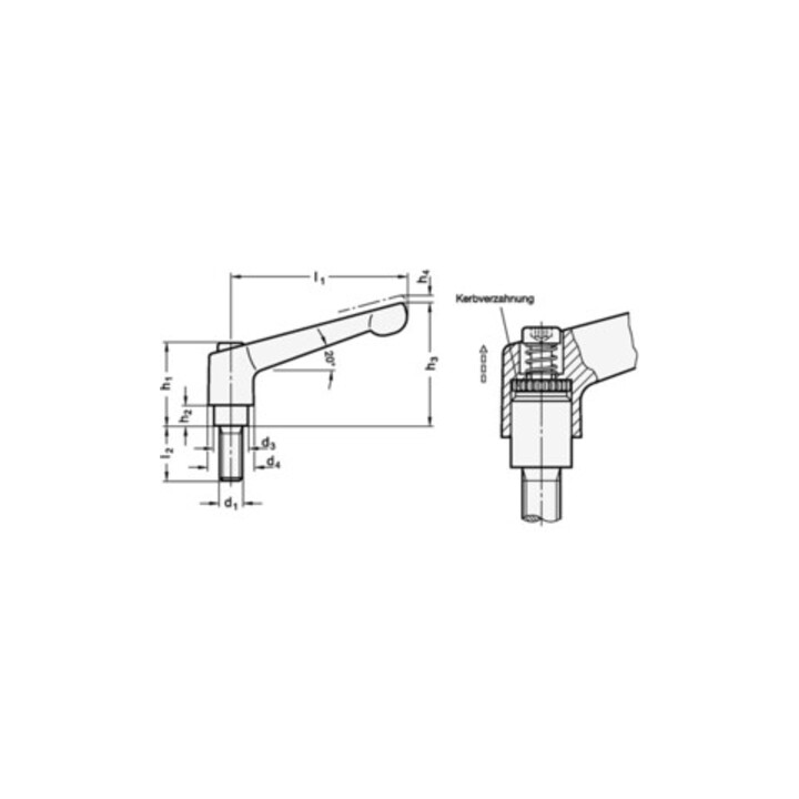 Verstellbarer Klemmhebel GN 300.1 d1 M 16mm l1 108mm l2 32mm AG GANTER