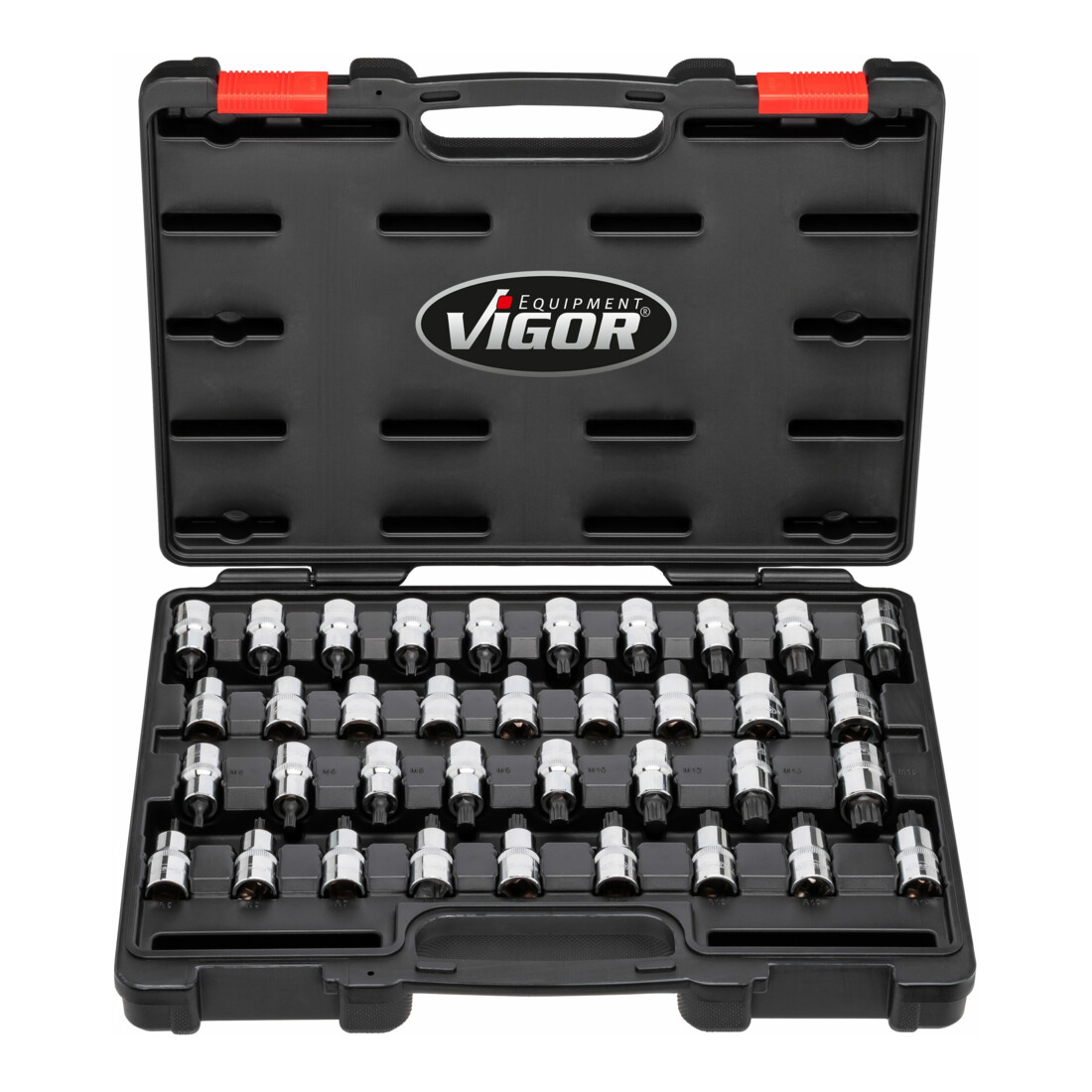 VIGOR Assortimento di bussole V2496 quadro di manovra interno 12,5 = 1/2", profilo TX interno, profilo interno a cuneo Ribe-CV, profilo esagonale interno, profilo a poligono interno XZN, 36pz.