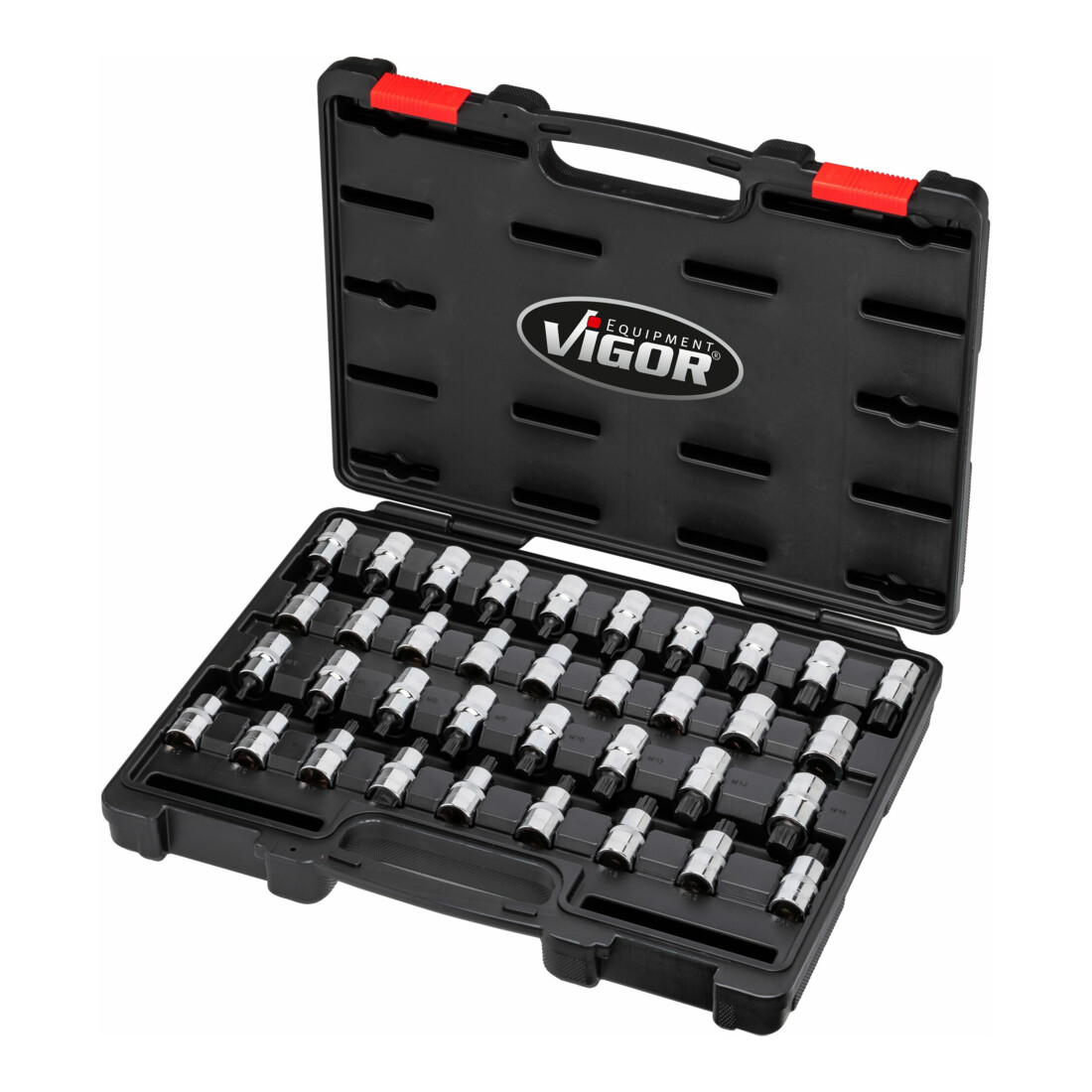 VIGOR Assortimento di bussole V2496 quadro di manovra interno 12,5 = 1/2", profilo TX interno, profilo interno a cuneo Ribe-CV, profilo esagonale interno, profilo a poligono interno XZN, 36pz.