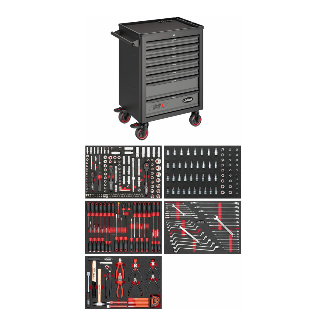 VIGOR Carrello per officina 1000 con assortimento 344pz.