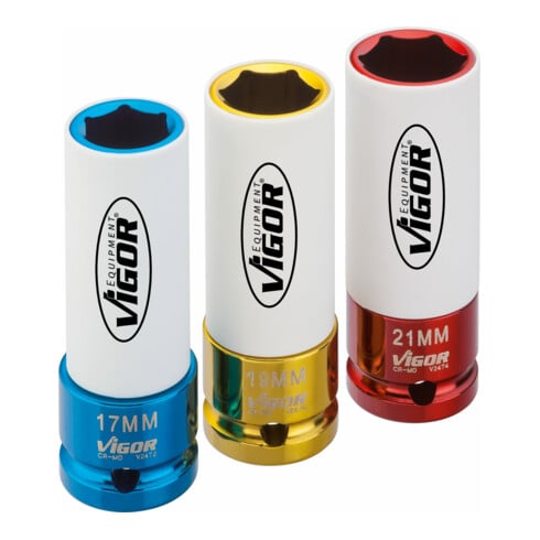 VIGOR Clé à chocs jeu de douilles V2522 carré creux 12,5 mm (1/2 pouce) profil hexagonal extérieur 3 pièces
