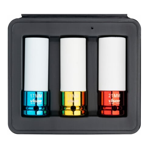 VIGOR Clé à chocs jeu de douilles V2522 carré creux 12,5 mm (1/2 pouce) profil hexagonal extérieur 3 pièces