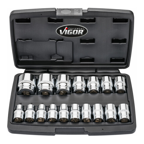 VIGOR Doppelsechskant-Steckschlüssel Satz, V7512/17, 1/2 Zoll (12,5 mm) Vierkant, Außen Doppelsechskant Profil, 17-teilig, 8 – 32 mm