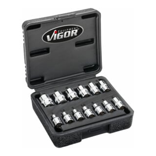 VIGOR Doppelsechskant Steckschlüssel Satz, V7514/13, 1/4 Zoll (6,3 mm) Vierkant, Außen Doppelsechskant Profil, 13-teilig, 4 – 14 mm