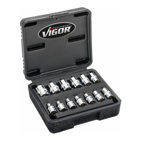 VIGOR Doppelsechskant Steckschlüssel Satz, V7514/13, 1/4 Zoll (6,3 mm) Vierkant, Außen Doppelsechskant Profil, 13-teilig, 4 – 14 mm