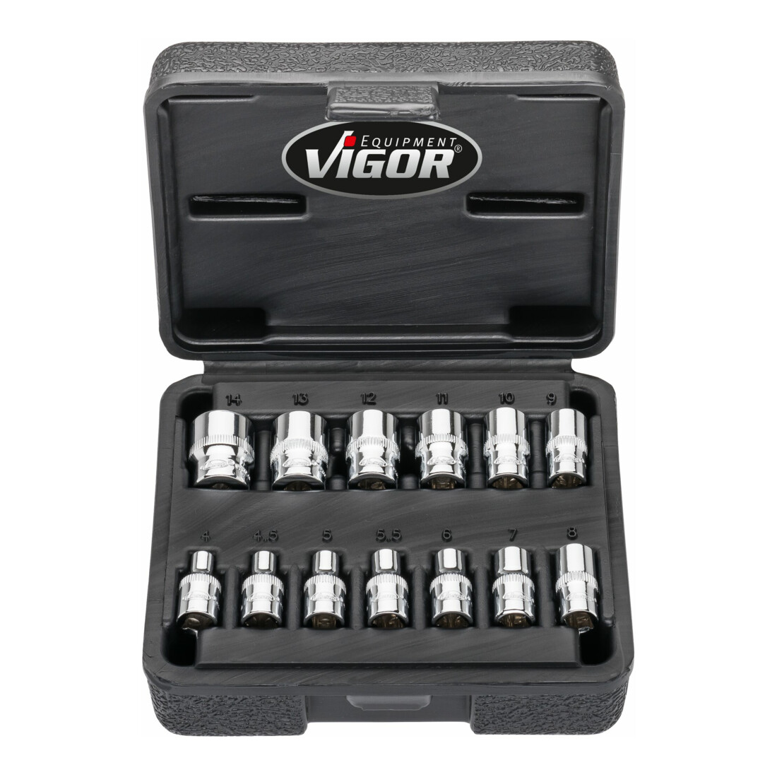 VIGOR Doppelsechskant Steckschlüssel Satz, V7514/13, 1/4 Zoll (6,3 mm) Vierkant, Außen Doppelsechskant Profil, 13-teilig, 4 – 14 mm