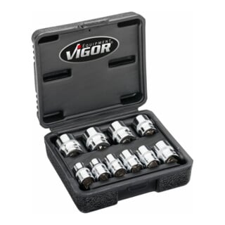 VIGOR Doppelsechskant Steckschlüssel Satz, V7538/10, 3/8 Zoll (10 mm) Vierkant, Außen Doppelsechskant Profil, 10-teilig, 10 – 19 mm