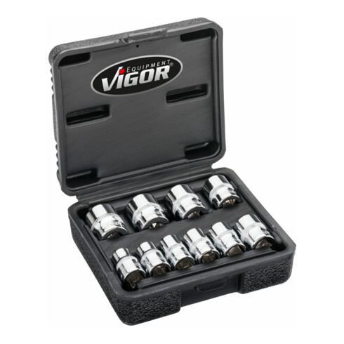 VIGOR Doppelsechskant Steckschlüssel Satz, V7538/10, 3/8 Zoll (10 mm) Vierkant, Außen Doppelsechskant Profil, 10-teilig, 10 – 19 mm