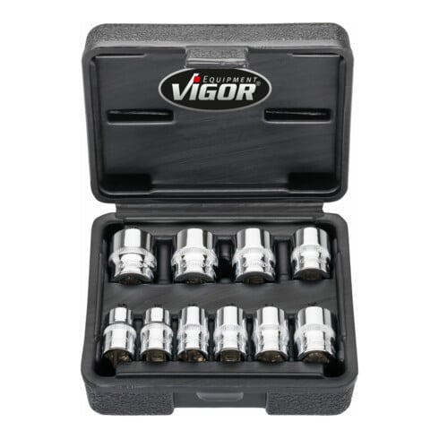 VIGOR Doppelsechskant Steckschlüssel Satz, V7538/10, 3/8 Zoll (10 mm) Vierkant, Außen Doppelsechskant Profil, 10-teilig, 10 – 19 mm