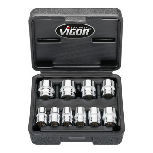 VIGOR Doppelsechskant Steckschlüssel Satz, V7538/10, 3/8 Zoll (10 mm) Vierkant, Außen Doppelsechskant Profil, 10-teilig, 10 – 19 mm