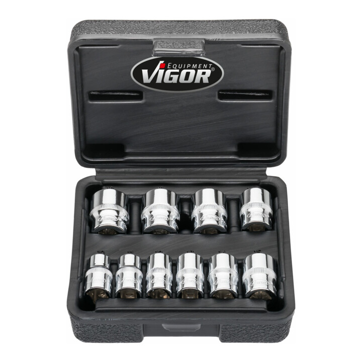 VIGOR Doppelsechskant Steckschlüssel Satz, V7538/10, 3/8 Zoll (10 mm) Vierkant, Außen Doppelsechskant Profil, 10-teilig, 10 – 19 mm