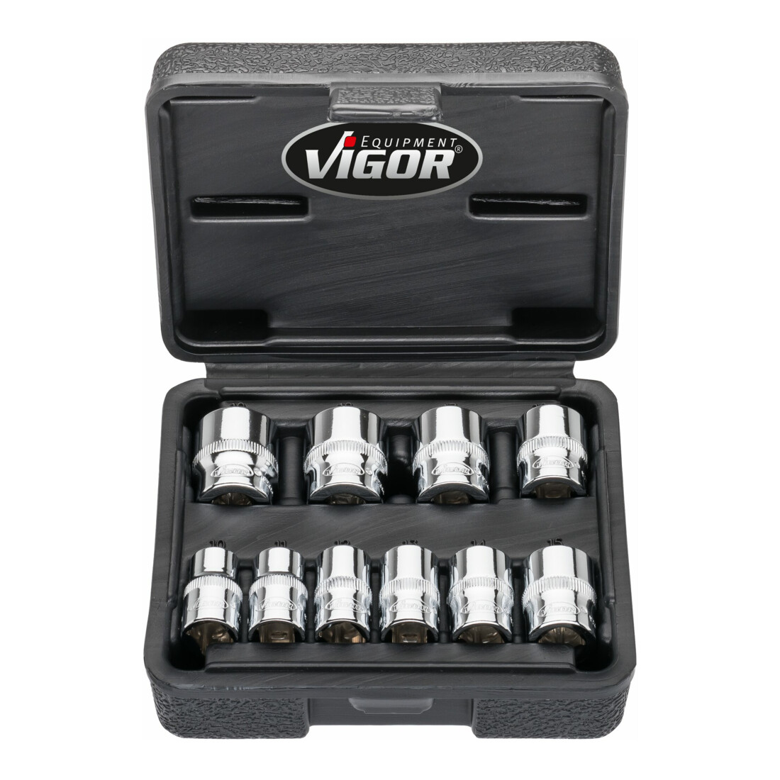 VIGOR Doppelsechskant Steckschlüssel Satz, V7538/10, 3/8 Zoll (10 mm) Vierkant, Außen Doppelsechskant Profil, 10-teilig, 10 – 19 mm