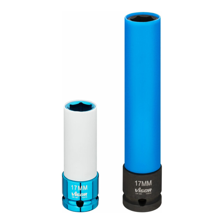 VIGOR Douille pour clé à choc 1/2" carré intérieur 12,5 mm, hexagone extérieur 17 mm, L totale 85 mm