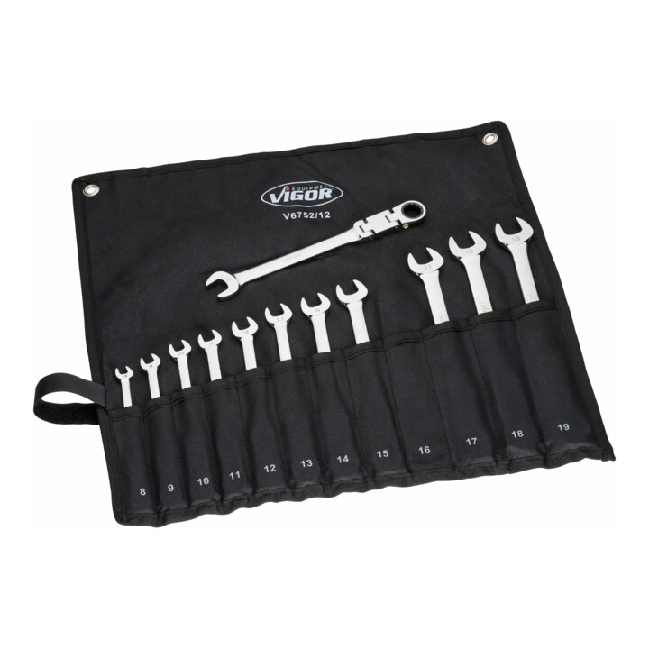 VIGOR dubbele ratelringsteeksleutelset V6752/12 12-delig