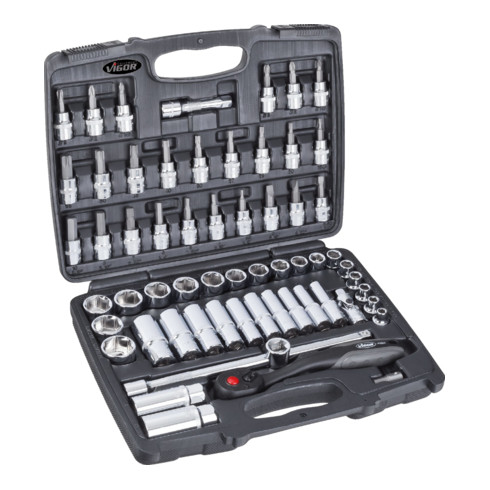 VIGOR Innenvierkant Antrieb 10 = 3/8 Zoll Steckschlüssel-Satz V2305 Vierkant hohl 10 mm (3/8 Zoll) Vierkant massiv 10 mm (3/8 Zoll) 0 Anzahl Werkzeuge: 61