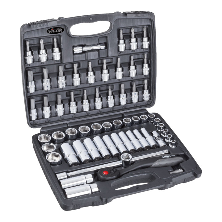 VIGOR Innenvierkant Antrieb 10 = 3/8 Zoll Steckschlüssel-Satz V2305 Vierkant hohl 10 mm (3/8 Zoll) Vierkant massiv 10 mm (3/8 Zoll) 0 Anzahl Werkzeuge: 61