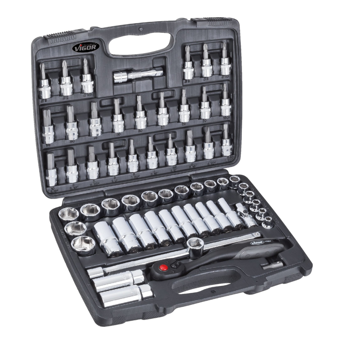 VIGOR Innenvierkant Antrieb 10 = 3/8 Zoll Steckschlüssel-Satz V2305 Vierkant hohl 10 mm (3/8 Zoll) Vierkant massiv 10 mm (3/8 Zoll) 0 Anzahl Werkzeuge: 61