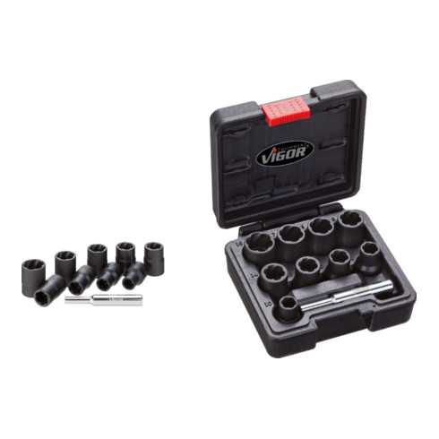 VIGOR Innenvierkant Antrieb 12,5 = 1/2 Zoll Spiralnutenausdreher-Einsatz-Sortiment V2404 Vierkant hohl 12,5 mm (1/2 Zoll) - Anzahl Werkzeuge: 10