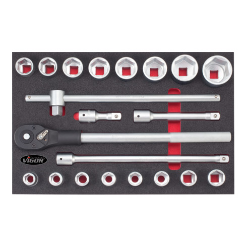 VIGOR Innenvierkant Antrieb 20 = 3/4 Zoll Steckschlüssel-Satz V2318 Vierkant hohl 20 mm (3/4 Zoll) Außen-Sechskant Profil - Anzahl Werkzeuge: 21