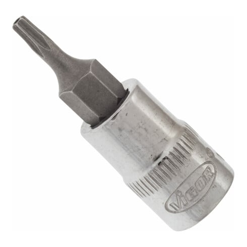 VIGOR Innenvierkant Antrieb 6,3 = 1/4 Zoll Schraubendreher-Einsatz Tamper-Resistant TORX® Profil V2596N ∙ Vierkant hohl 6,3 mm (1/4 Zoll) ∙ Tamper Resistant TORX® Profil ∙ T 9 H ∙ Gesamtlänge: 38 mm