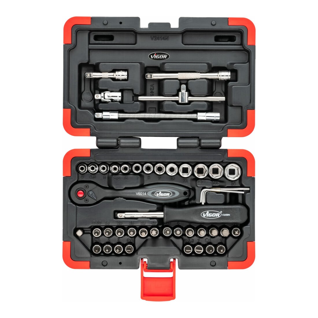 VIGOR Innenvierkant Antrieb 6,3 = 1/4 Zoll Steckschlüssel-Satz V2414N ∙ Vierkant hohl 6,3 mm (1/4 Zoll) ∙ Außen-Sechskant Profil ∙ - ∙ Anzahl Werkzeuge: 46