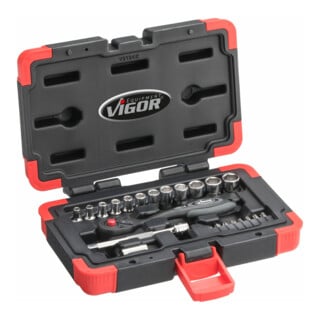 VIGOR Innenvierkant Antrieb 6,3 = 1/4 Zoll Steckschlüssel-Satz V3734N ∙ Vierkant hohl 6,3 mm (1/4 Zoll) ∙ Außen-Sechskant Profil ∙ Anzahl Werkzeuge: 23