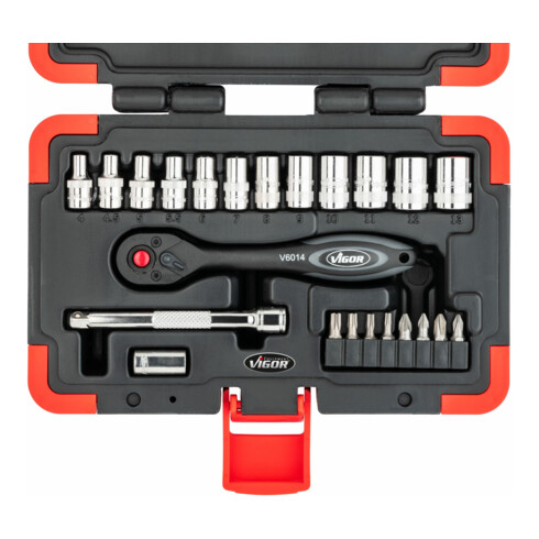 VIGOR Innenvierkant Antrieb 6,3 = 1/4 Zoll Steckschlüssel-Satz V3734N ∙ Vierkant hohl 6,3 mm (1/4 Zoll) ∙ Außen-Sechskant Profil ∙ Anzahl Werkzeuge: 23