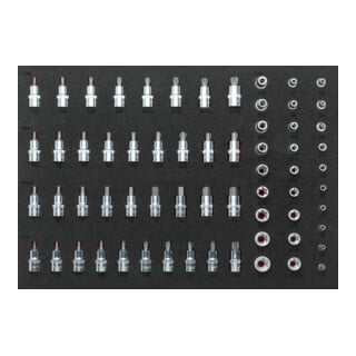 VIGOR Insert en mousse souple 1/1 pour douilles E-TX, TX, XZN, hexagonales intérieures et Ribe V2837, 64 outils