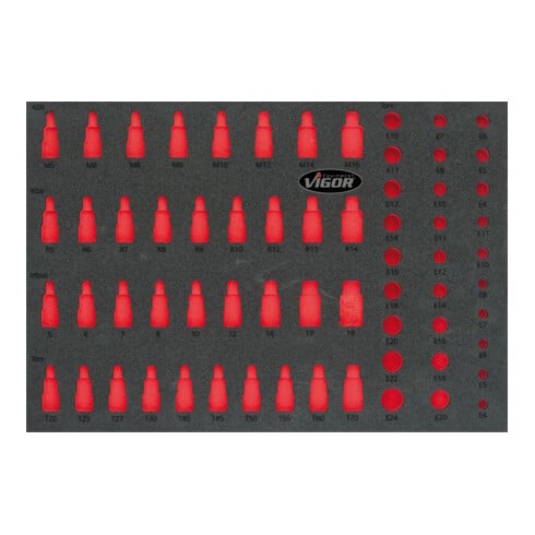 VIGOR Insert en mousse souple 1/1, set d’embouts pour clés à douille, vide V2838