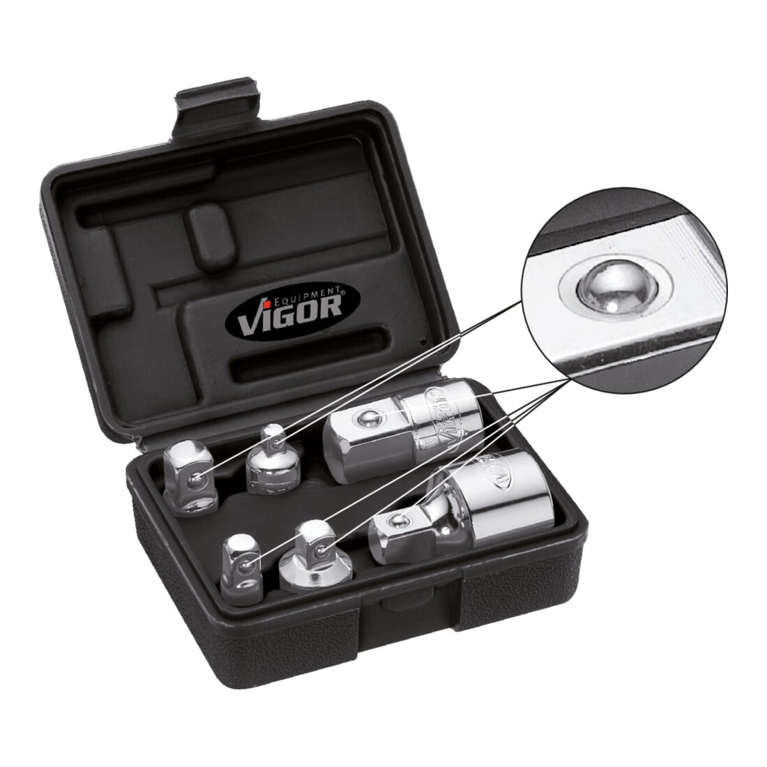VIGOR Jeu d’adaptateurs V1293 Carré creux 6,3 mm (1/4"), 10 mm (3/8"), 12,5 mm (1/2"), 20 mm (3/4"), carré plein 6,3 mm (1/4"), 10 mm