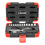 VIGOR Jeu de clés à douille 1/4" carré creux 6,3 mm V3734N, 23 pièces, profil hexagonal extérieur-4