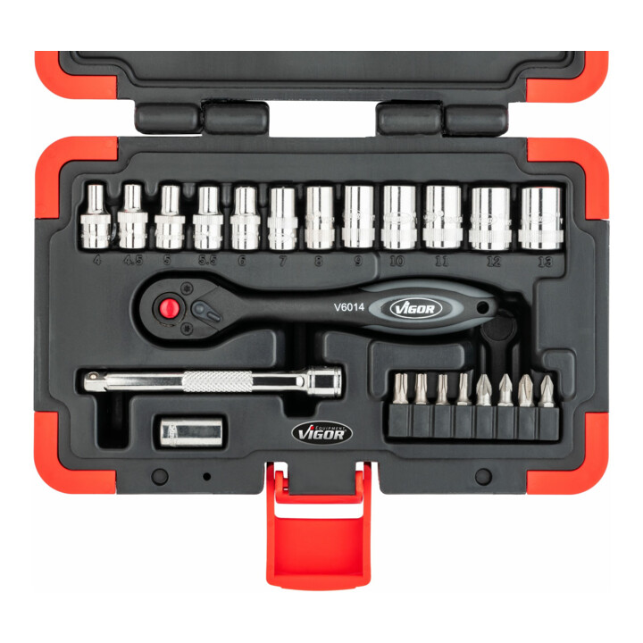 VIGOR Jeu de clés à douille 1/4" carré creux 6,3 mm V3734N, 23 pièces, profil hexagonal extérieur