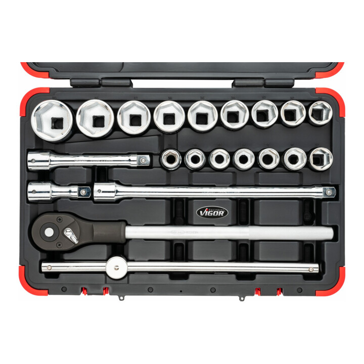 VIGOR Jeu de clés à douille 3/4" V2318N, carré creux 20 mm, 21 outils