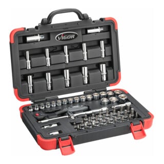 VIGOR Jeu de clés à douille 3/8" V2305N, carré creux et massif 10 mm, 61 pièces