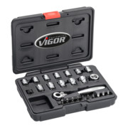 VIGOR Jeu de clés à douille extra-plat V5202 carré creux 6,3 mm (1/4 pouce) 4 – 14 mm, 25 pièces