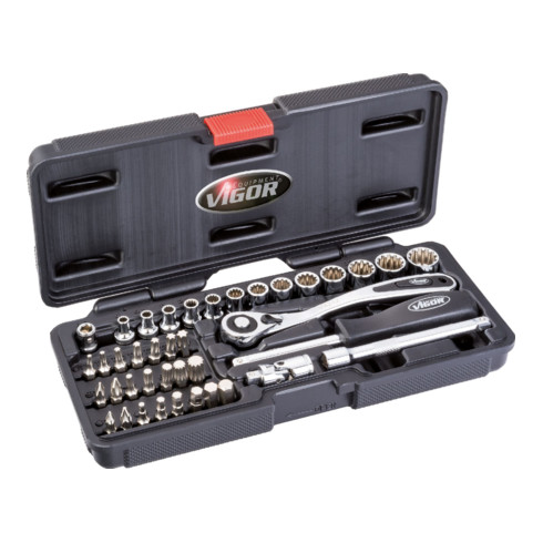 VIGOR Jeu de clés à douille multiprofil à carré intérieur 6,3 = 1/4 pouce V4217, 40 pièces, longueur totale 25 mm
