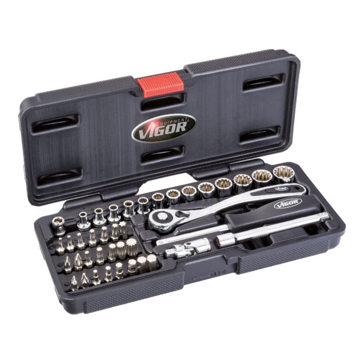 VIGOR Jeu de clés à douille multiprofil à carré intérieur 6,3 = 1/4 pouce V4217, 40 pièces, longueur totale 25 mm