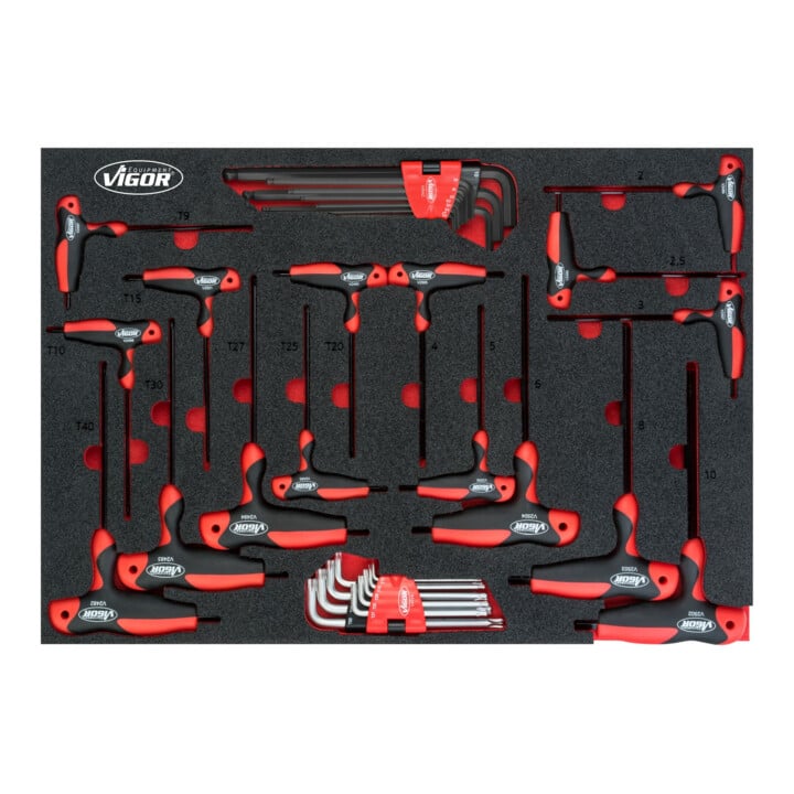 Set VIGOR Jeu de tournevis à poignée en T et tournevis coudés V5175 34 pièces + STIER Jeu de clés à douille 1/4'' 3/8'' 1/2'' 179 pièces en mousse souple (EVA)