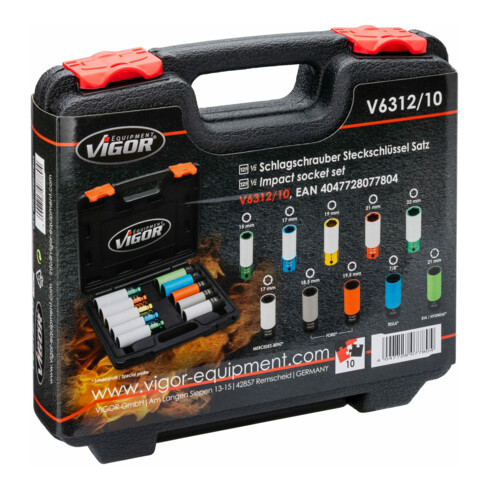 VIGOR Schlagschrauber Steckschlüsseleinsatz Satz, V6312/10, 1/2 Zoll (12,5 mm) Vierkant, Außen Sechskant Profil, Radschrauben Hybrid Sonderprofil, 10-teilig, 15 – 22,2 mm
