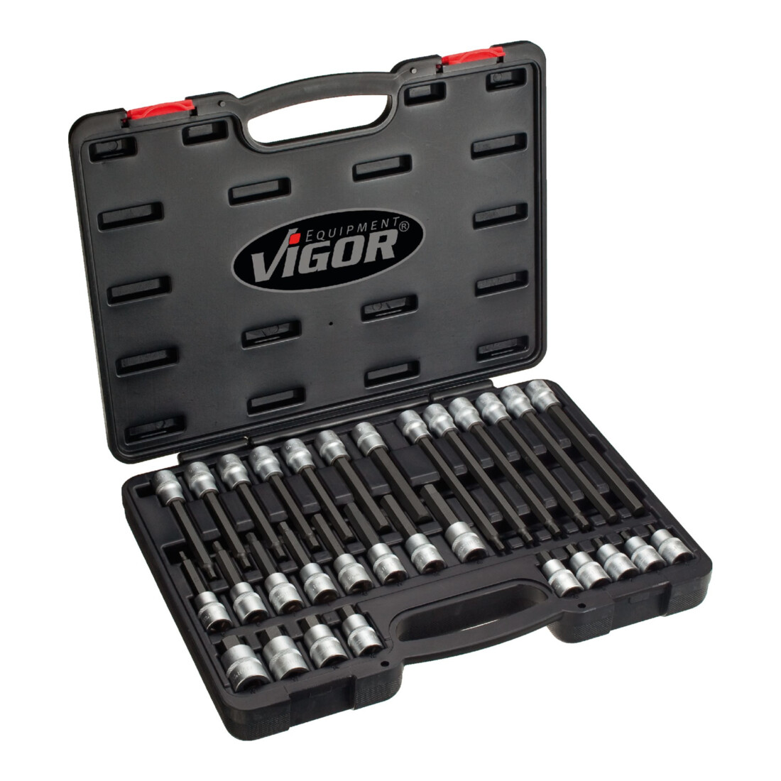 VIGOR Set bussole per cacciaviti a esagono incassato V1919, quadro cavo 12,5 mm (1/2"), profilo esagonale interno 5 - 19, 30pz.i