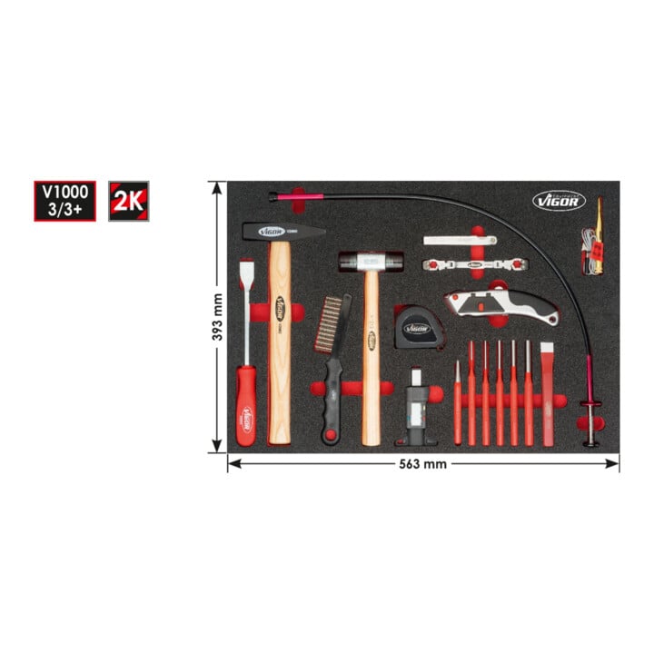 VIGOR Set de 37 outils avec insert en mousse souple pour marteau, burin et chasse-goupille V4511 3/3+