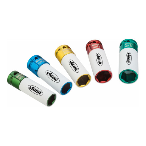 VIGOR Set di chiavi a bussola per avvitatori a percussione V2257 quadro cavo 12,5 mm (1/2") profilo esagonale esterno 15 - 22, 5pz.