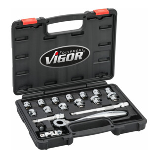 VIGOR Set di chiavi a bussola quadro interno di manovra 10 = 3/8", esecuzione superpiatta V6202, 18pz.