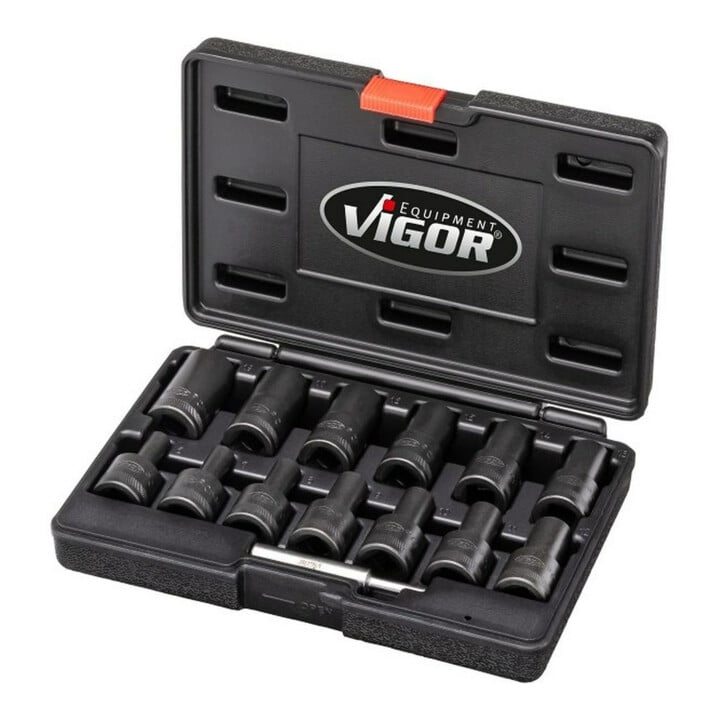 VIGOR Spiralnutenausdreher-Einsatz Satz, V2404N, 1/2 Zoll (12,5 mm) Vierkant, Außen Schraubenausdreher Profil, 6 – 19 mm