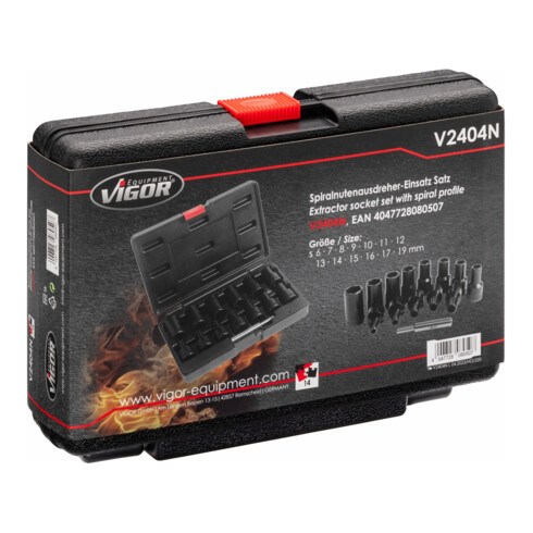 VIGOR Spiralnutenausdreher-Einsatz Satz, V2404N, 1/2 Zoll (12,5 mm) Vierkant, Außen Schraubenausdreher Profil, 6 – 19 mm