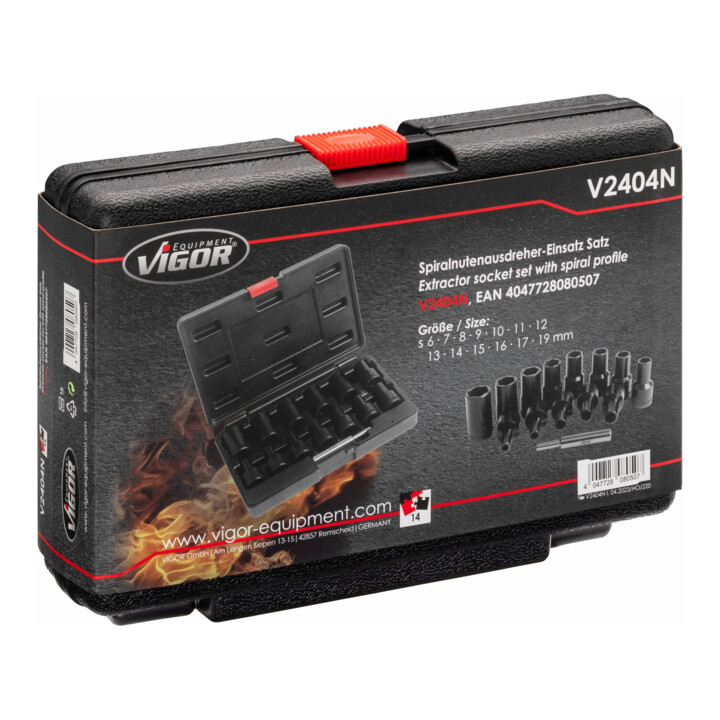 VIGOR Spiralnutenausdreher-Einsatz Satz, V2404N, 1/2 Zoll (12,5 mm) Vierkant, Außen Schraubenausdreher Profil, 6 – 19 mm
