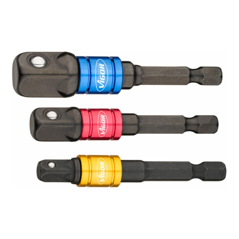 VIGOR Steckschlüssel Adapter Satz, V7603/3, 1/4 Zoll (6,3 mm) Sechskant 1/4 Zoll (6,3 mm) Vierkant, 3/8 Zoll (10 mm) Vierkant, 1/2 Zoll (12,5 mm) Vierkant, 3-teilig