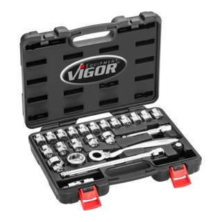 VIGOR Steckschlüssel Satz superflach V7202 Vierkant hohl 12,5 mm (1/2 Zoll) 5 – 32 24 teilig