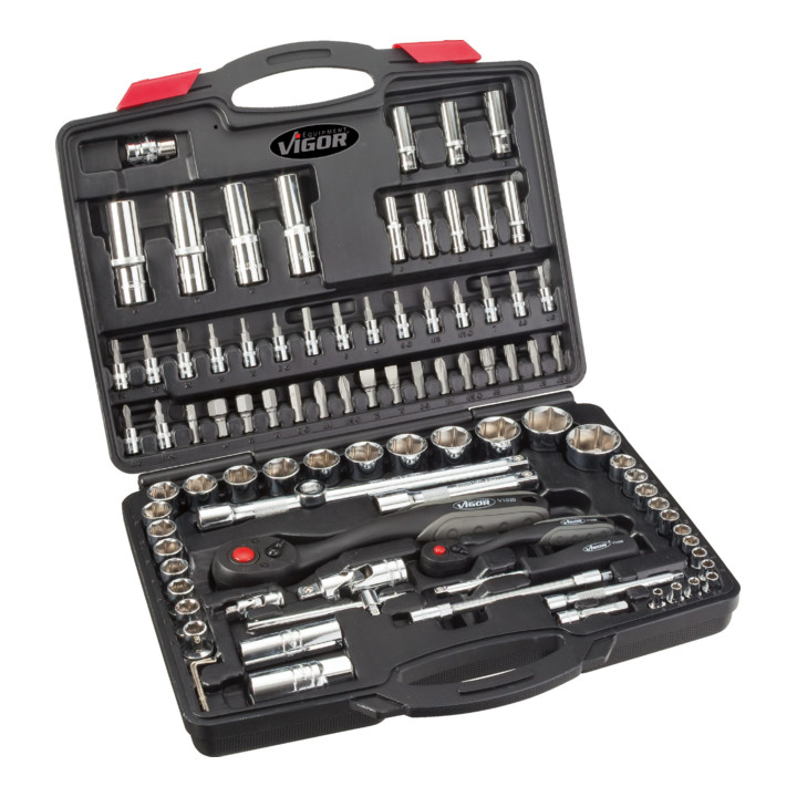 VIGOR Steckschlüssel-Satz V1706 Vierkant hohl 6,3 mm (1/4 Zoll), Vierkant hohl 12,5 mm (1/2 Zoll) Außen-Sechskant Profil, Innen TORX Profil, Kreuzschlitz Profil PH, Schlitz Profil, Pozidriv Profil PZ, Innen-Sec