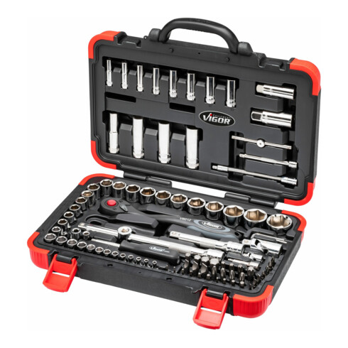 VIGOR Steckschlüssel-Satz V1706N ∙ Vierkant hohl 6,3 mm (1/4 Zoll), Vierkant hohl 12,5 mm (1/2 Zoll) ∙ Außen-Sechskant Profil, Innen TORX® Profil, Kreuzschlitz Profil PH, Schlitz Profil, Pozidriv Profil PZ, Inn